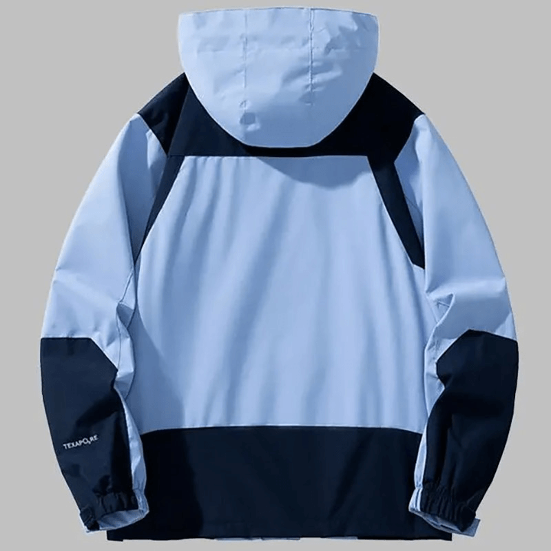Waterproof hooded outdoor jacket in blue and black, perfect for hiking, featuring durable polyester and secure pockets for men's adventures.